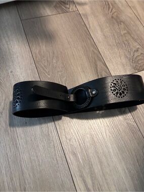 Esprit Black Leather Wide Belt with Braided Ring Buckle